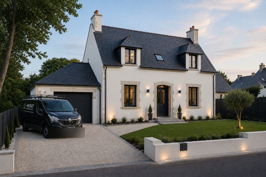 Maison à façade blanche livrée et véhicule Murat Construction, Auray