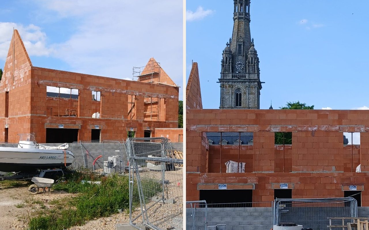 Murs en briques de construction rouges : deux vues, de côté et de face, sur le chantier